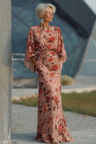 Dusty Rose Floral Sheath Ruched Mother of the Bride Dress with Long Sleeves
