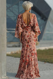 Dusty Rose Floral Sheath Ruched Mother of the Bride Dress with Long Sleeves