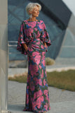 Fuchsia Flower Printed Sheath Ruched Mother of the Bride Dress with Flared Sleeves