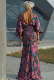 Fuchsia Flower Printed Sheath Ruched Mother of the Bride Dress with Flared Sleeves
