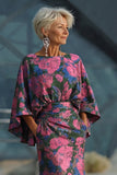 Fuchsia Flower Printed Sheath Ruched Mother of the Bride Dress with Flared Sleeves