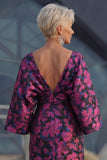 Fuchsia Flower Printed Sheath Ruched Mother of the Bride Dress with Flared Sleeves