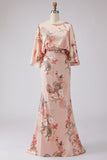 Dusty Rose Flower Sheath Printed Satin Mother of the Bride Dress with Pockets