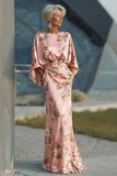 Dusty Rose Flower Sheath Printed Satin Mother of the Bride Dress with Pockets