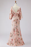 Dusty Rose Flower Sheath Printed Satin Mother of the Bride Dress with Pockets