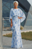 Blue Floral Bateau Neck Sheath Long Mother Of the Bride Dress with Half Sleeves