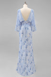 Dusty Rose Floral Open Back Mother of the Bride Dress with Flared Sleeves