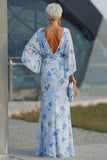 Blue Floral Bateau Neck Sheath Long Mother Of the Bride Dress with Half Sleeves