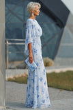 Blue Floral Bateau Neck Sheath Long Mother Of the Bride Dress with Half Sleeves