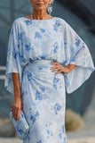 Blue Floral Bateau Neck Sheath Long Mother Of the Bride Dress with Half Sleeves