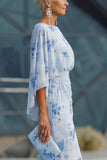 Blue Floral Bateau Neck Sheath Long Mother Of the Bride Dress with Half Sleeves