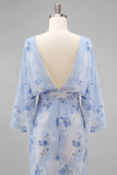 Dusty Rose Floral Open Back Mother of the Bride Dress with Flared Sleeves