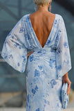Blue Floral Bateau Neck Sheath Long Mother Of the Bride Dress with Half Sleeves