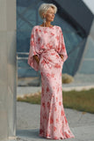Blue Floral Bateau Neck Sheath Long Mother Of the Bride Dress with Half Sleeves