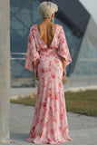 Dusty Rose Floral Open Back Mother of the Bride Dress with Flared Sleeves
