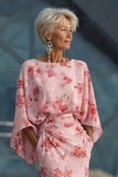Dusty Rose Floral Open Back Mother of the Bride Dress with Flared Sleeves