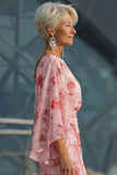 Dusty Rose Floral Open Back Mother of the Bride Dress with Flared Sleeves