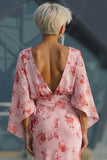 Dusty Rose Floral Open Back Mother of the Bride Dress with Flared Sleeves