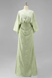 Sage Green Floral Sheath Flared Sleeves Mother of the Bride Dress with Pockets