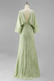 Sage Green Floral Sheath Flared Sleeves Mother of the Bride Dress with Pockets