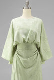 Sage Green Floral Sheath Flared Sleeves Mother of the Bride Dress with Pockets