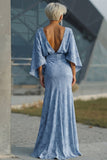 Dusty Blue Floral Sheath Ruched Mother of the Bride Dress with Flared Sleeves