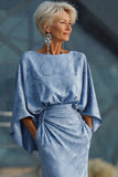 Dusty Blue Floral Sheath Ruched Mother of the Bride Dress with Flared Sleeves