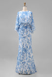 Blue Floral Sheath Mother of the Bride Dress with Flared Sleeves