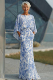 Blue Floral Sheath Mother of the Bride Dress with Flared Sleeves