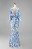 Blue Floral Sheath Mother of the Bride Dress with Flared Sleeves