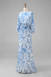 Blue Floral Sheath Mother of the Bride Dress with Flared Sleeves