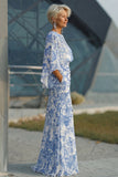 Blue Floral Sheath Mother of the Bride Dress with Flared Sleeves