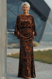 Velvet Brown Sheath Ruched Mother of the Bride Dress with Flared Sleeves