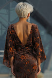 Velvet Brown Sheath Ruched Mother of the Bride Dress with Flared Sleeves