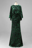 Peacock Blue Sheath Floral Mother of the Bride Dress with Flared Sleeves