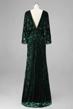 Peacock Blue Sheath Floral Mother of the Bride Dress with Flared Sleeves