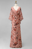 Dusty Rose Floral V Neck Sheath Mother of the Bride Dress with Pockets
