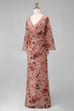 Dusty Rose Floral V Neck Sheath Mother of the Bride Dress with Pockets