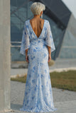 Light Blue Sheath Open Back Mother of the Bride Dress with Flared Sleeves