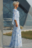 Light Blue Sheath Open Back Mother of the Bride Dress with Flared Sleeves