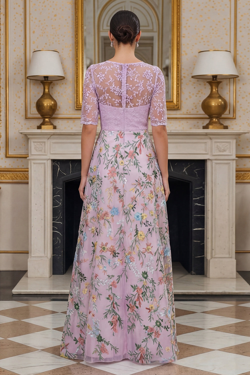 Lilac A Line Floral Half Sleeves Long Mother of the Bride Dress with Embroidery