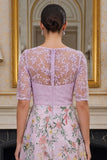 Lilac A Line Floral Half Sleeves Long Mother of the Bride Dress with Embroidery