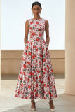 Pink Red Flower Print Round Neck A Line Midi Dress with Pockets