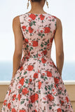 Pink Red Flower Print Round Neck A Line Midi Dress with Pockets