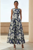 Navy Flower Print A Line Midi Dress with Pockets