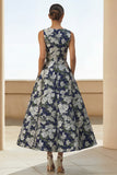 Navy Flower Print A Line Midi Dress with Pockets