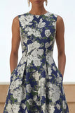 Navy Flower Print A Line Midi Dress with Pockets