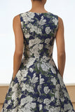 Navy Flower Print A Line Midi Dress with Pockets