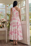 White Fuchsia Flower Printed One Shoulder A Line Midi Dress