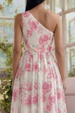 White Fuchsia Flower Printed One Shoulder A Line Midi Dress